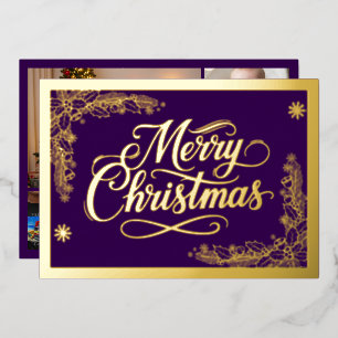 Formal Merry Christmas purple and 6 photos Gold Foil Holiday Card