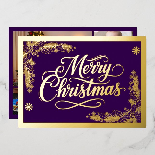 Formal Merry Christmas purple and 6 photos Gold Foil Holiday Card (Front/Back)