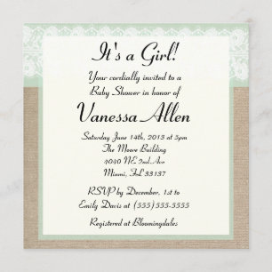 Formal Mint Burlap Lace Baby Shower Invitation