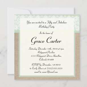Formal Mint Burlap Lace Birthday Invitation