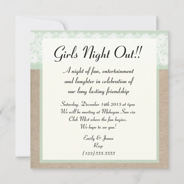Formal Mint Burlap Lace Girls Night Out Invitation (Front)