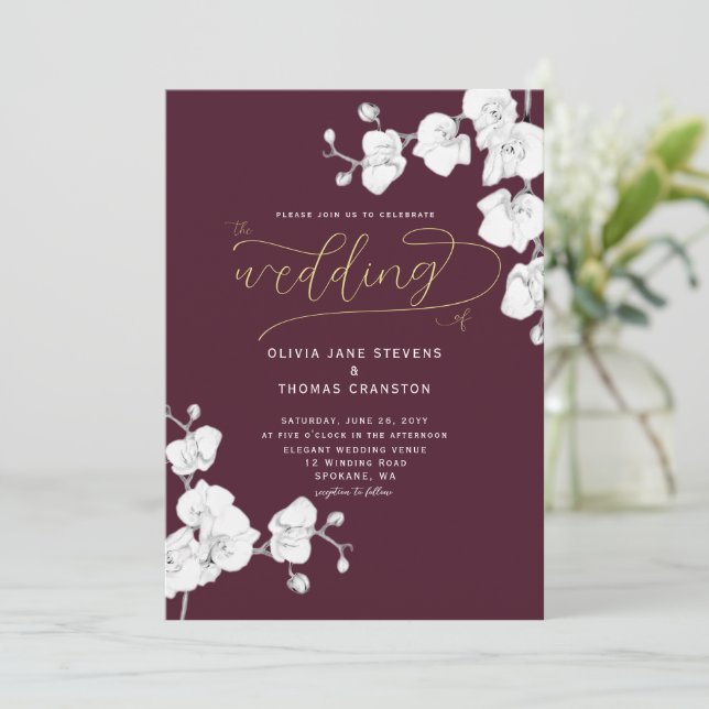Formal Modern Burgundy Orchids All in One Wedding Invitation (Standing Front)
