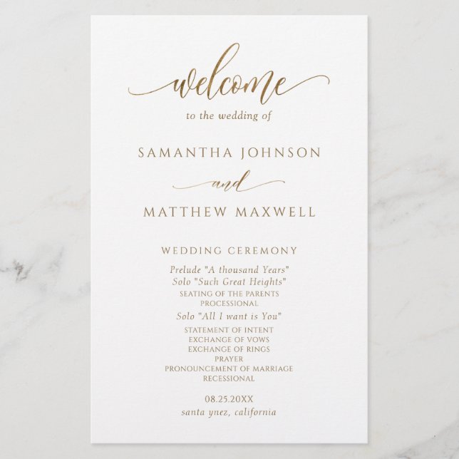 Formal, Modern Calligraphy Gold Wedding Program (Front)