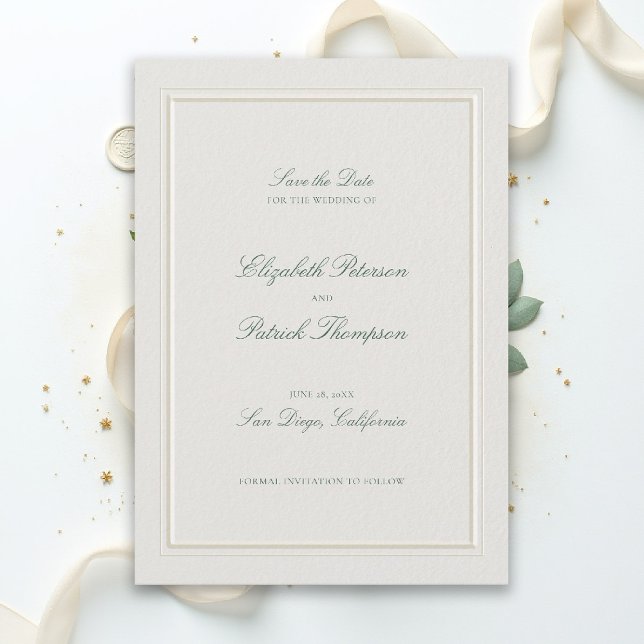 Formal Modern Classic Elegant Green Ecru Wedding Save The Date (modern classic wedding save the date forest green type double frame ecru formal traditional stately)