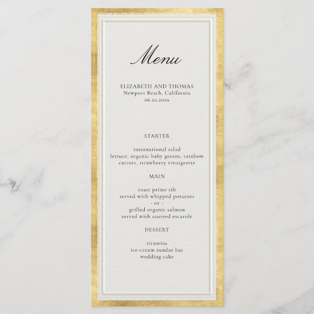Formal Modern Classic Elevated Gold Ecru Wedding Menu (Front)