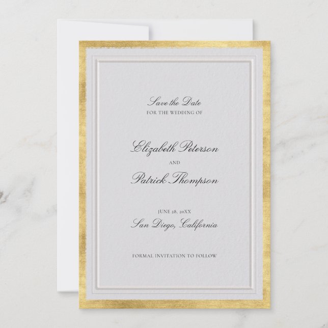 Formal Modern Classic Elevated Gold Ivory Wedding Save The Date (Front)