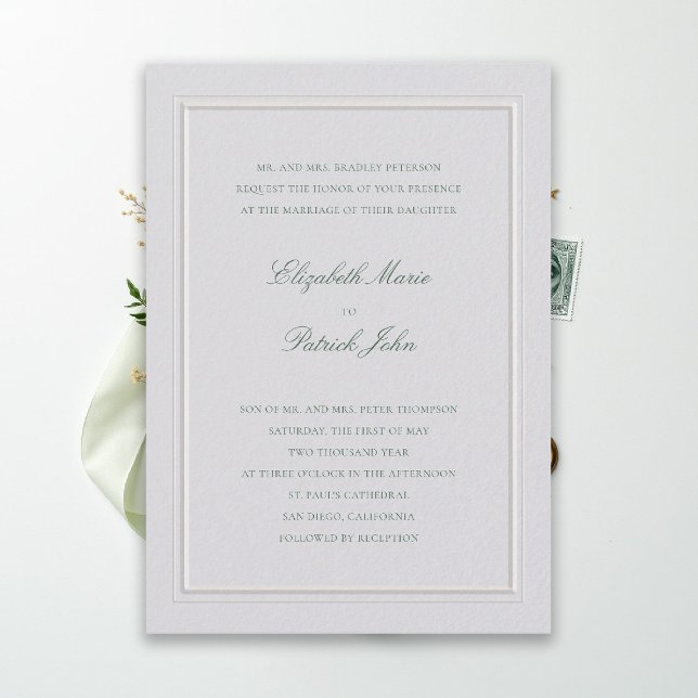 Formal Modern Classic Elevated Green Ivory Wedding Invitation (modern classic wedding invitation forest green type double frame ivory formal traditional stately)