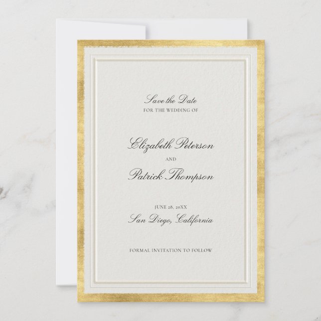 Formal Modern Classic Faux Gold Ecru Wedding Save The Date (Front)