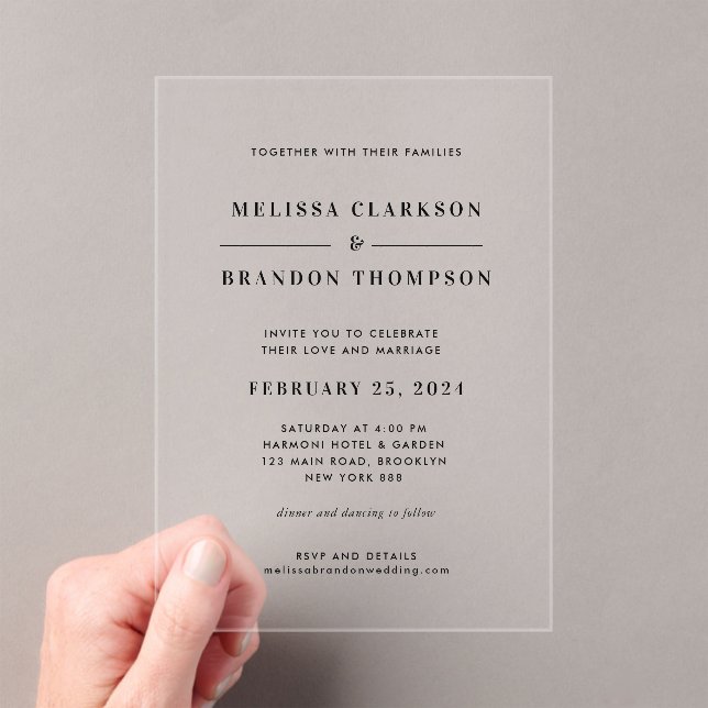 Formal Modern Elegant Black Typography Wedding  Acrylic Invitations (Insitu (Handheld))