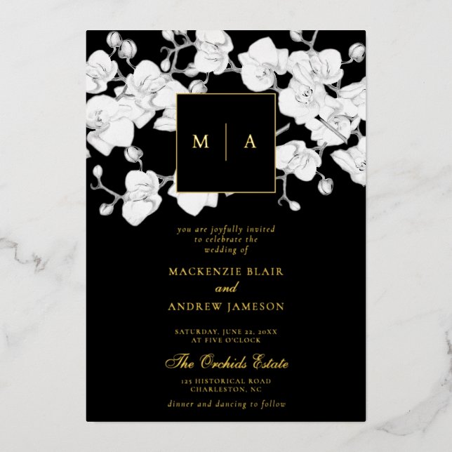 Formal Modern Orchid Wreath Monogram Black Wedding (Front)