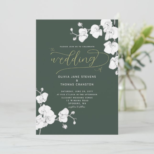 Formal Modern Sage Green Orchid All in One Wedding Invitation (Standing Front)