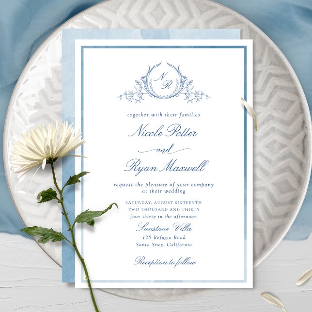Formal Monogram Blue Watercolor Invitation (Creator Uploaded)