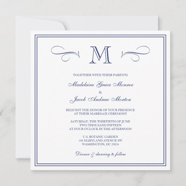 Formal Monogram | Dark Blue Wedding Invitation (Front)