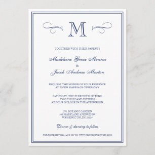 Formal Monogram   Dark Blue Wedding Invitation