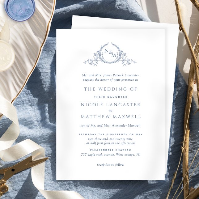 Formal Monogram Dusty Blue Watercolor Wedding Invitation (Creator Uploaded)