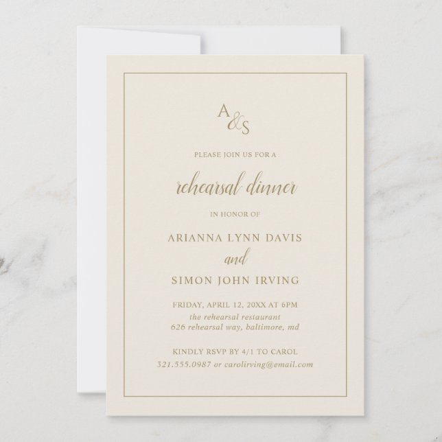 Formal Monogram Gold Ivory Rehearsal Dinner Invitation (Front)