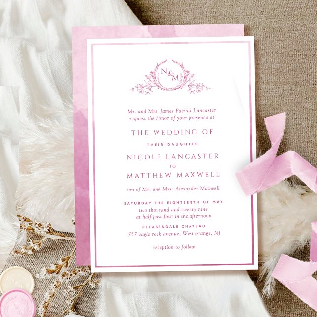 Formal Monogram Mauve Pink Watercolor Wedding Invitation (Creator Uploaded)