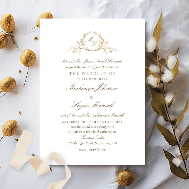 Formal Monogram White and Gold Elegant Wedding Invitation (Creator Uploaded)