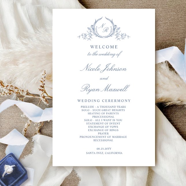 Formal Monogrammed Dusty Blue Wedding Program (Creator Uploaded)