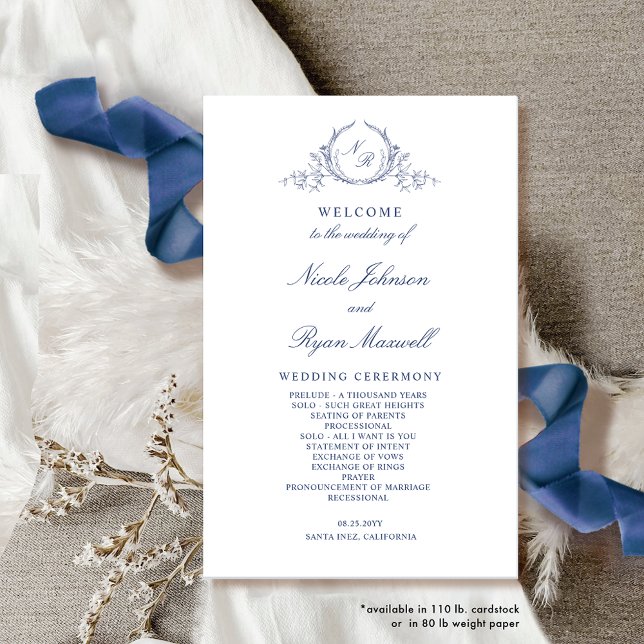 Formal Monogrammed Navy Blue Wedding Program (Creator Uploaded)