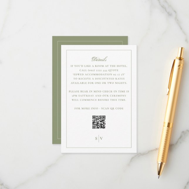 Formal Moss Green QR Code Wedding Enclosure Card (Front/Back In Situ)