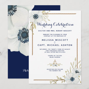 Formal Nautical Navy & White Anemone Wedding Invitation
