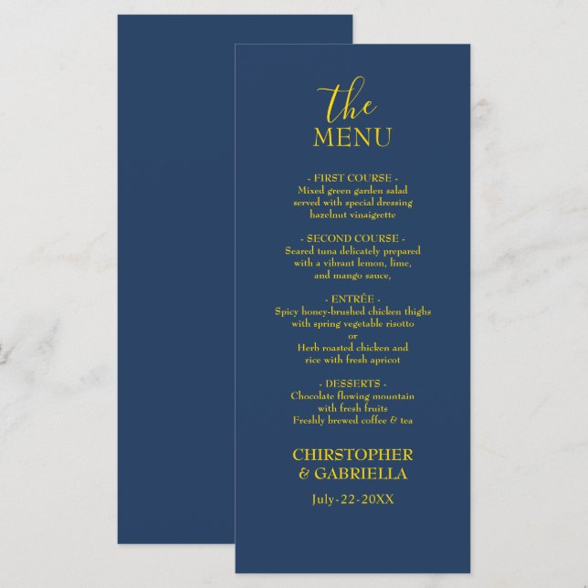 Formal Navy and Gold Simple Wedding Menu (Front/Back)
