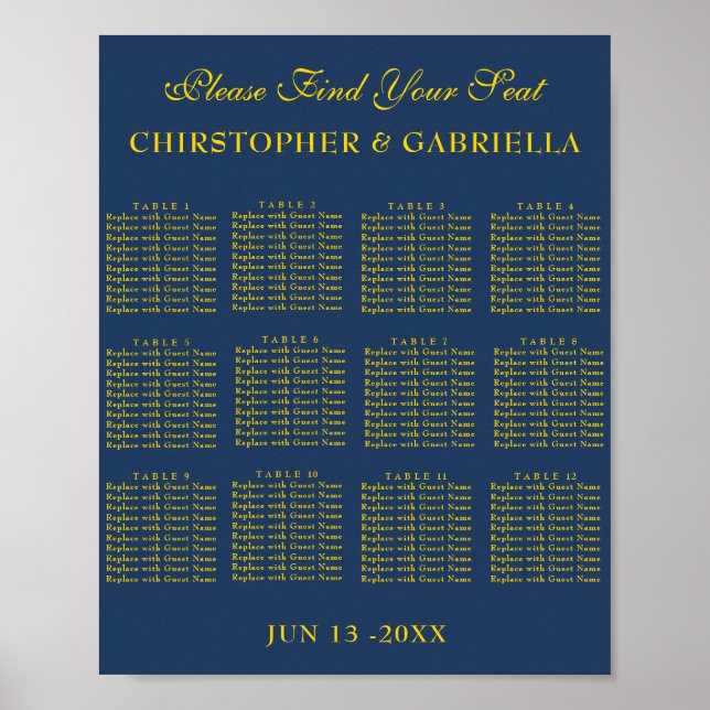 Formal Navy and Gold Simple Wedding Seating Chart (Front)