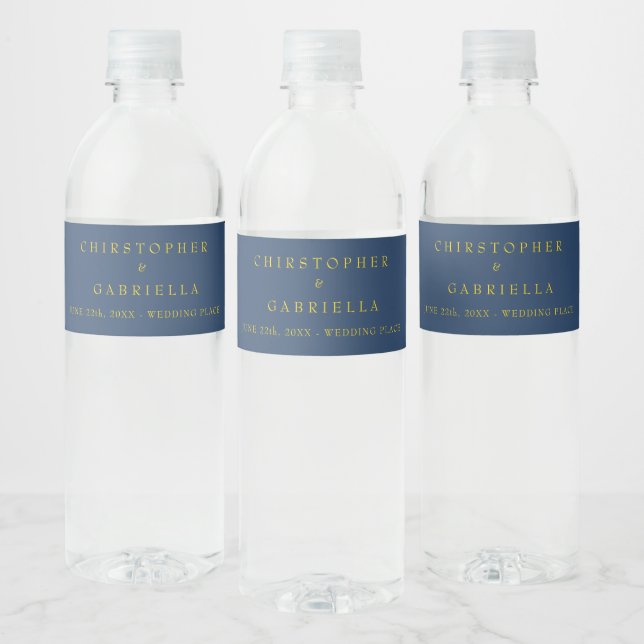 Formal Navy and Gold Simple Wedding Water Bottle Label (Bottles)