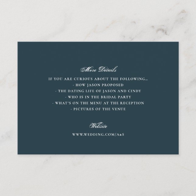 Formal Navy Blue Calligraphy Wedding Details Enclosure Card (Front)
