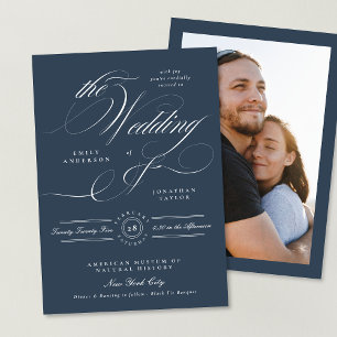 Formal Navy Blue Elegant Calligraphy Photo Wedding Invitation