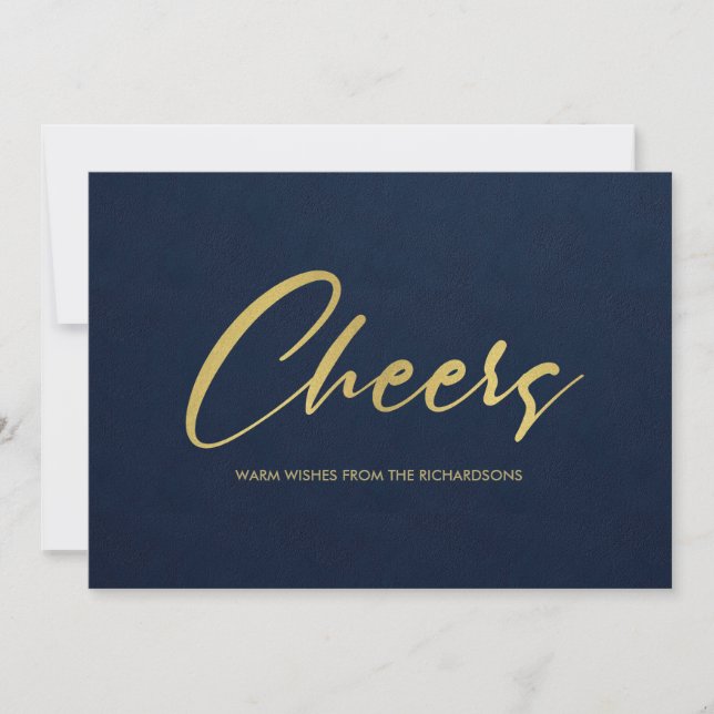FORMAL NAVY FAUX GOLD MINIMAL CALLIGRAPHY CHEERS HOLIDAY CARD (Front)