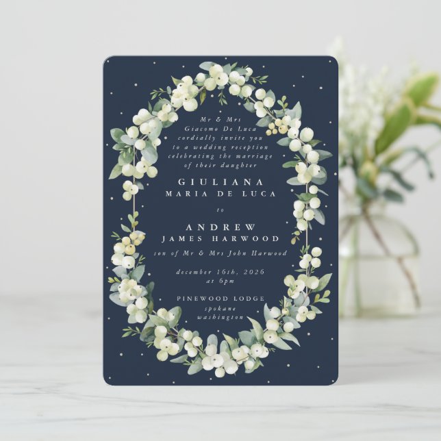 Formal Navy Snowberry+Eucalyptus Reception Only Invitation (Standing Front)