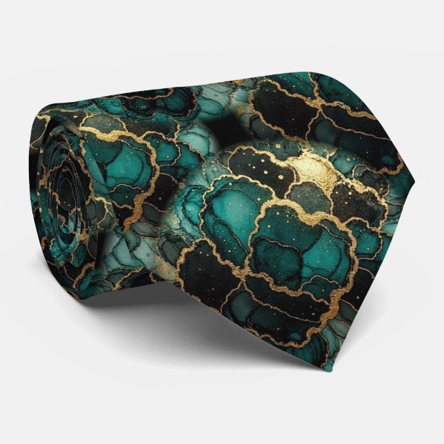 Formal Neck Tie | Marble Teal Blue & Gold (Rolled)