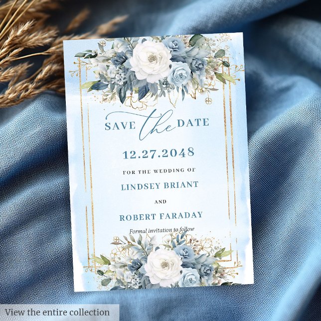 Formal Pastel Blue White Gold Floral Save The Date Invitation (Formal Pastel Blue White Gold Floral Save The Date)