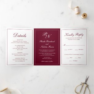 Formal Photo Monogram Elegant Burgundy Wedding Tri-Fold Invitation