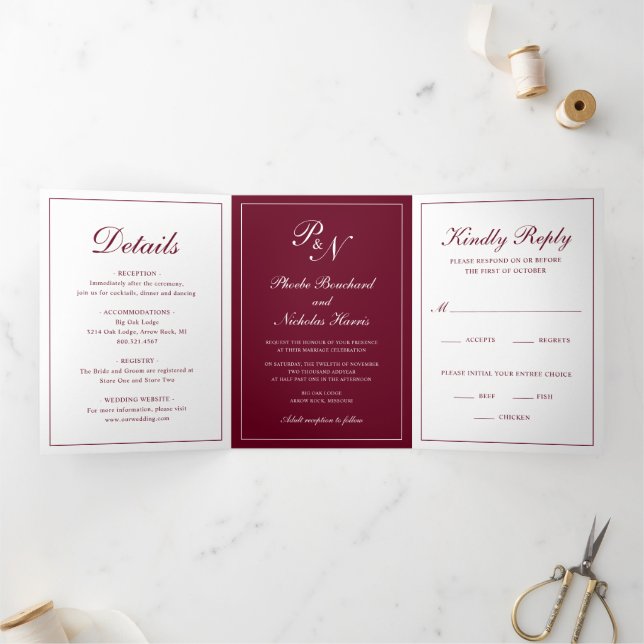 Formal Photo Monogram Elegant Burgundy Wedding Tri-Fold Invitation (Inside)