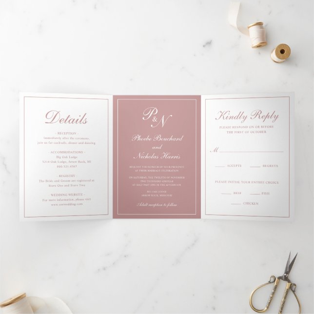 Formal Photo Monogram Elegant Dusty Rose Wedding Tri-Fold Invitation (Inside)