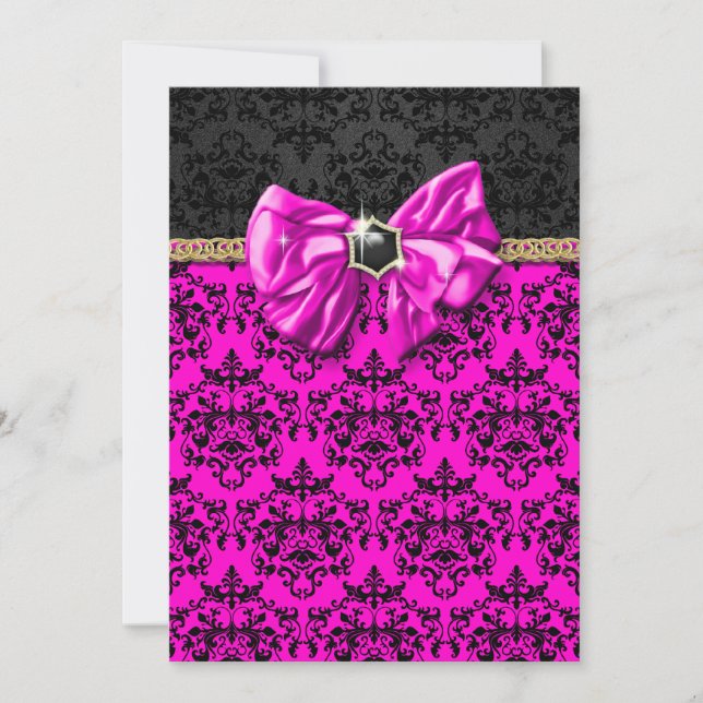 Formal pink black gold damask party invitation (Front)