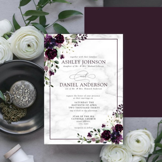 Formal Plum Purple Flower Watercolor Wedding Invitation (Creator Uploaded)