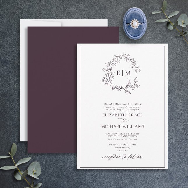 Formal Plum Purple Leafy Crest Monogram Wedding Invitation (Creator Uploaded)
