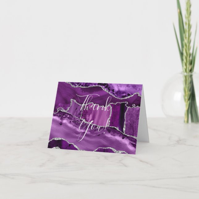 Formal Purple Agate Silver Glitter Wedding  Thank You Card (Front)
