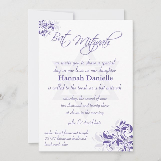 Formal Purple Floral Bat Mitzvah Invitation (Front)