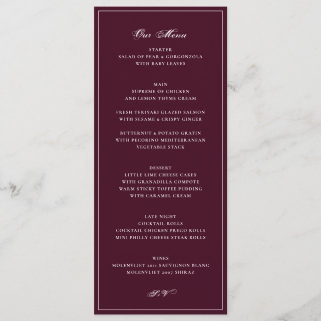 Formal Reception Burgundy Wedding Menu (Front)