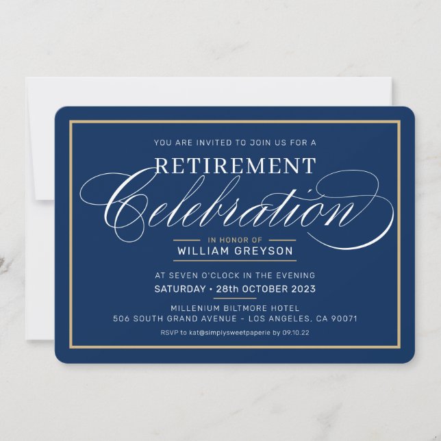 FORMAL RETIREMENT DINNER modern navy blue gold Invitation (Front)