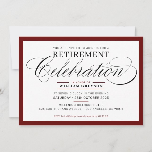 FORMAL RETIREMENT PARTY modern maroon burgundy Invitation (Front)