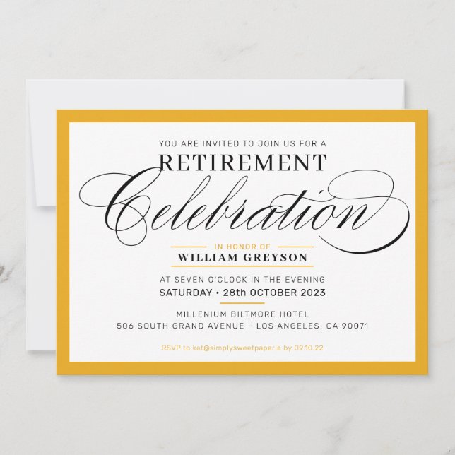FORMAL RETIREMENT PARTY modern mustard yellow Invitation (Front)