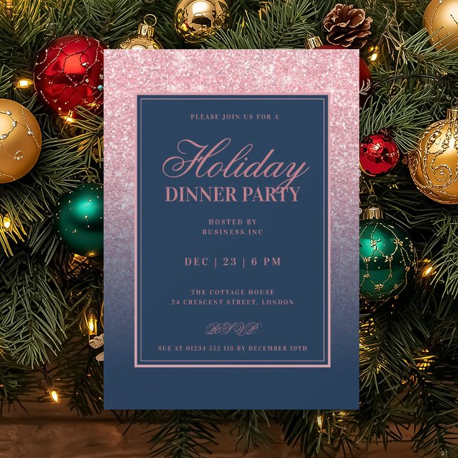 Formal Rose Gold FAUX Glitter Holiday Dinner Navy  Invitation (Formal Rose Gold FAUX Glitter Holiday Dinner Navy Invitation)