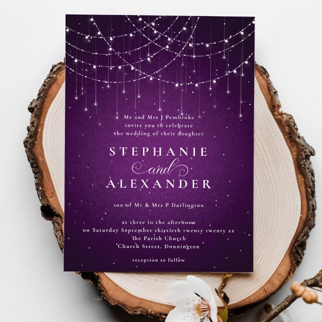 Formal Royal Purple Elegant String Lights Wedding Invitation (Creator Uploaded)