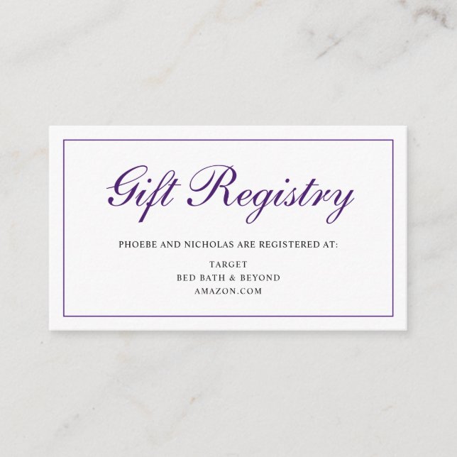 Formal Royal Purple Wedding Gift Registry Enclosure Card (Front)